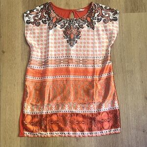 Women's Orange Patterned Mixed Media Tunic
